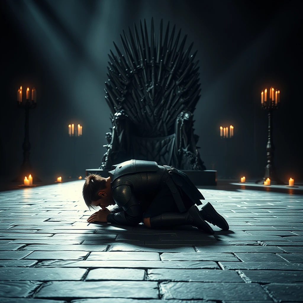 [Scene] This cinematic photograph, rich in detail and dramatic lighting, transports the viewer to a grand hall in medieval Europe. The cold, stone floor reflects the flickering candlelight that dances across the scene, casting long, dancing shadows. In the center of the composition stands a towering, iron throne, its sharp angles and unforgiving metal a symbol of power and authority.  
[Character] Before this imposing throne, a handsome, powerfully built king, clad in heavy plate armor, prostrates himself in fervent prayer. His head is bowed low, touching the cold stone floor, his armored body forming a stark silhouette against the dimly lit background. The weight of his armor and the vulnerability of his posture speak to the burden of leadership and the solemnity of his supplication. The image evokes a sense of humility and devotion, capturing a rare moment of quiet introspection amidst the turmoil of medieval life. - Image