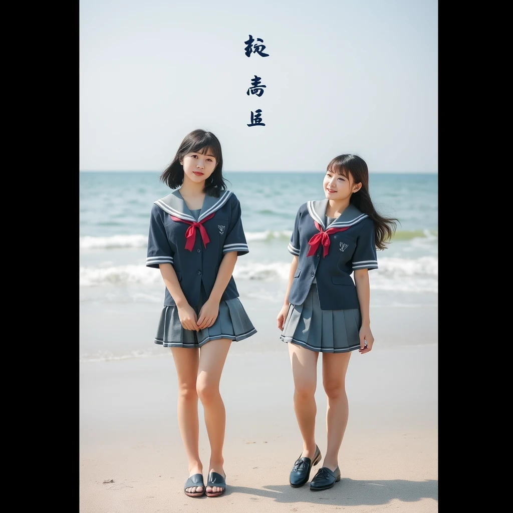 Two beautiful girls in school uniforms are on the beach, with Chinese characters and Japanese. Note, you must see the full body of the beauties, including their legs. Note, they are two Koreans.