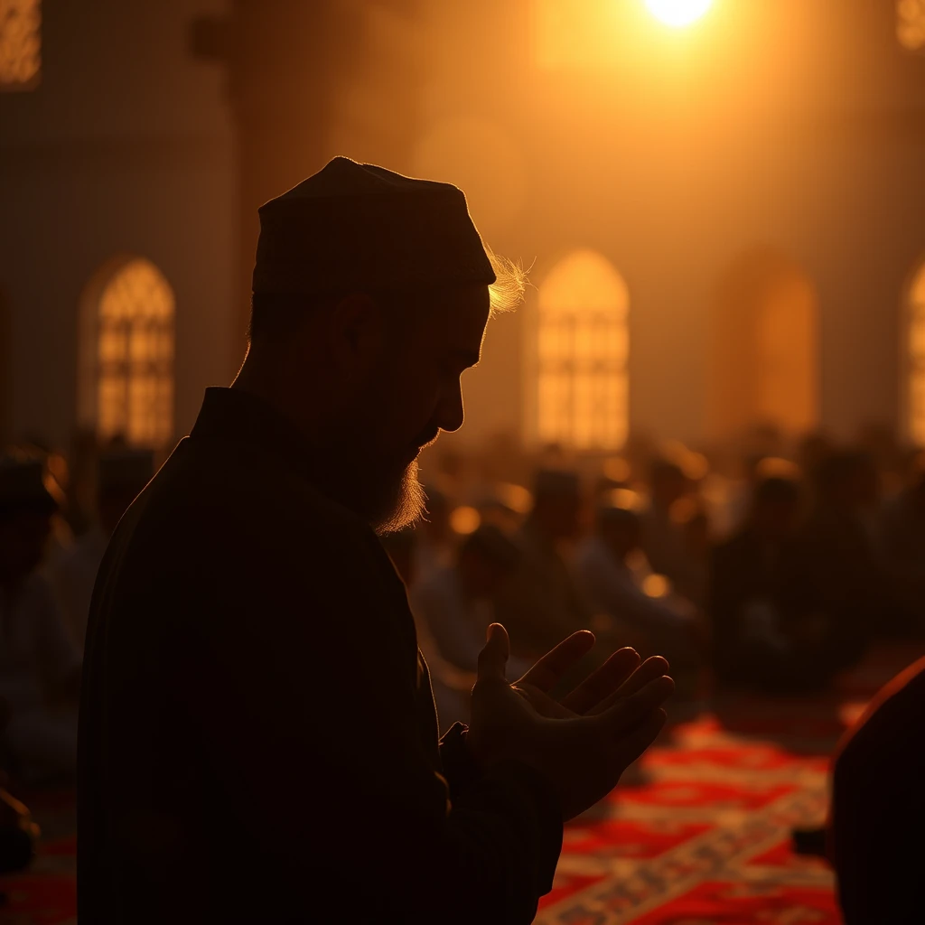 a Muslim prayer, bokeh, golden hour