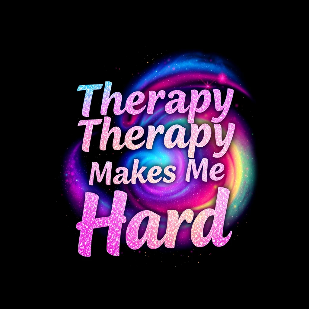 T-shirt design of fantastic vibrant glittery with an iridescent effect but ethereal text that says "Therapy Makes Me Hard" swirled vibrant colors with a colorful galaxy in the background. - Image