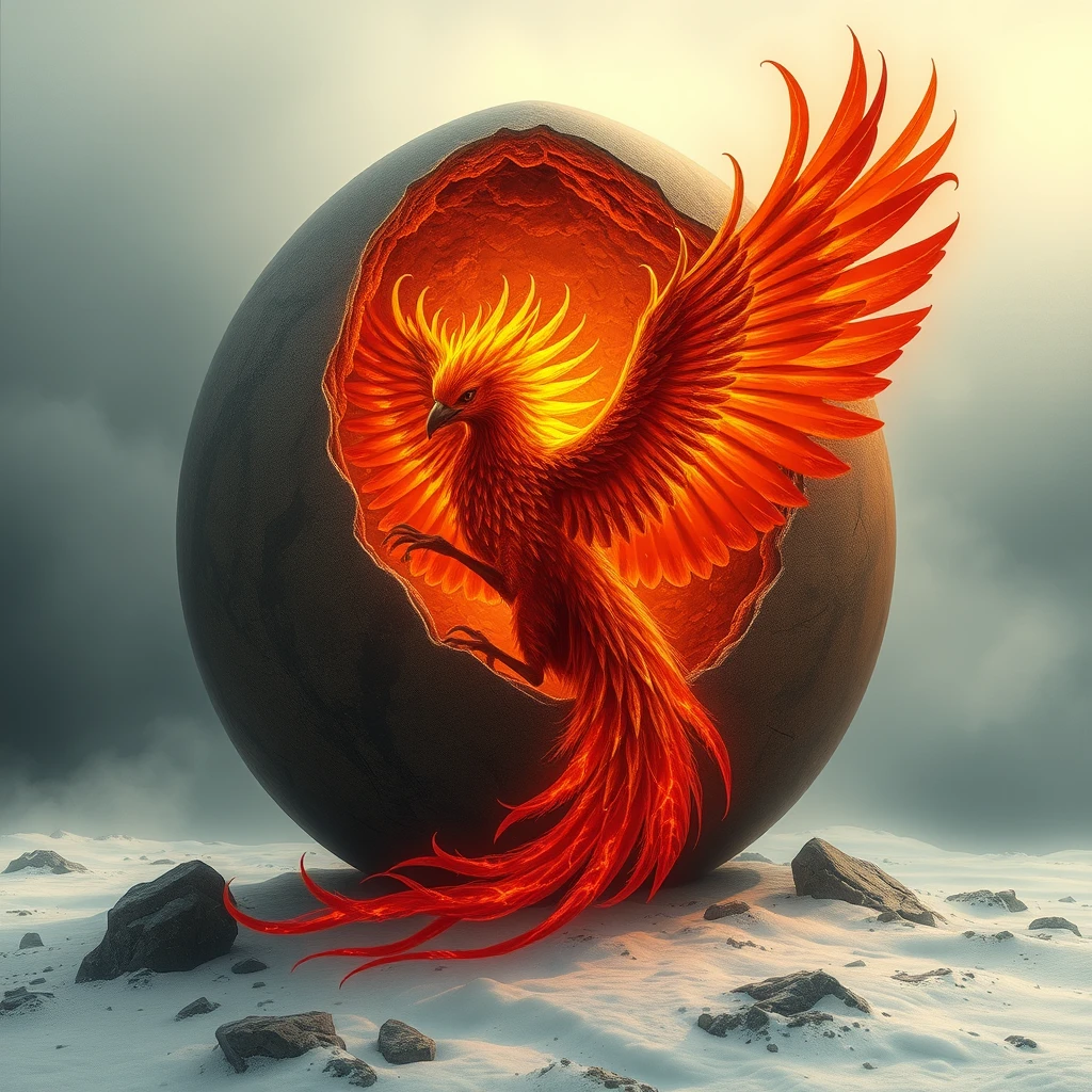 And once upon a time, there was Félix, the Phoenix. She had just hatched from a huge and transcendent egg, appearing to be about 30 meters long, and when she spread her wings, she reached 50 meters. Her skin had a color similar to the flames of a fireplace, but more intense; her tail seemed to be the most vibrant fire that any being could witness, approaching the divine. She was born in Norway in a mountainous and icy region, which exuded a mystical and unreal air.