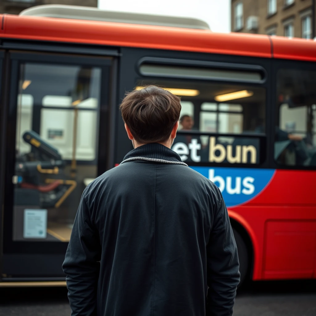 Photorealistic image of a person in front of a bus. The bus has an advert along the side which says "get on the bus."