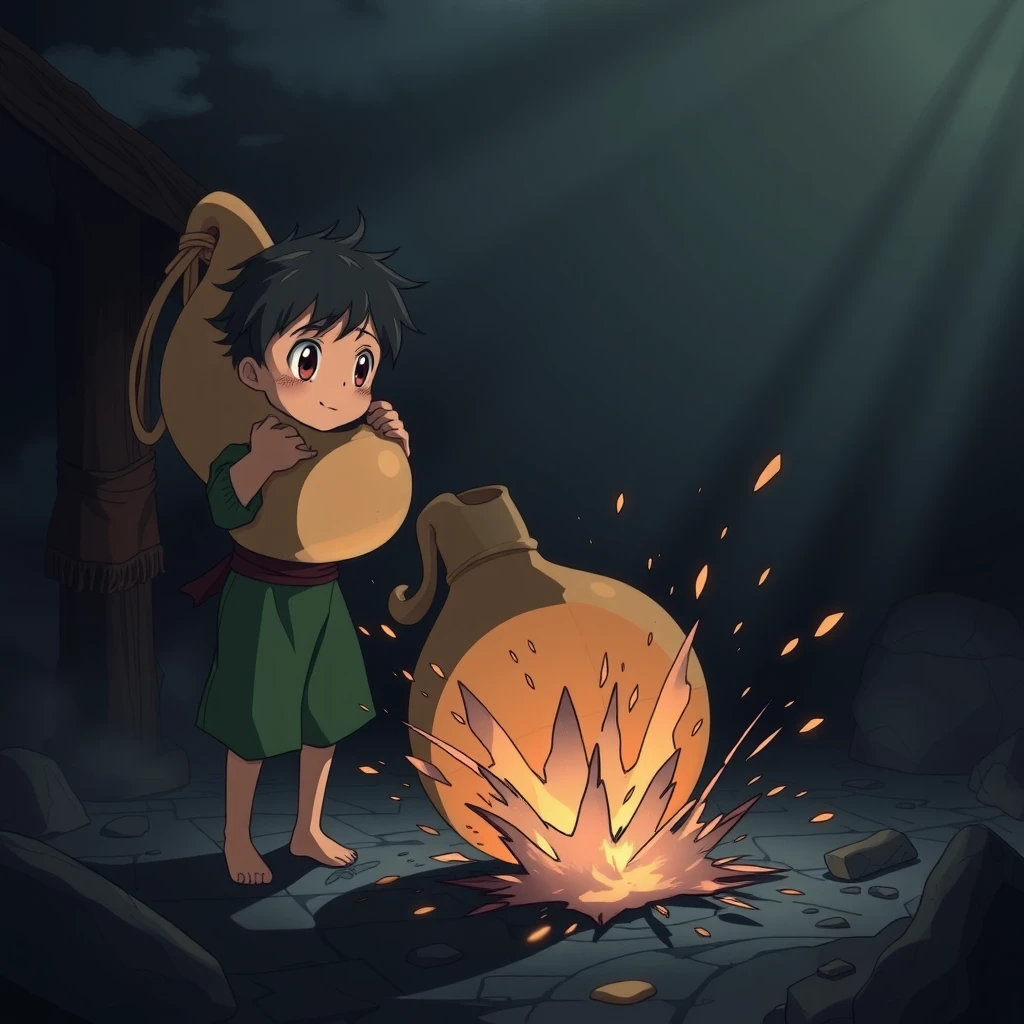 a dramatic scene of a boy holding a large, mysterious gourd from the king, trying to use it as a water jug and then as a bowl, but it's useless, with him finally smashing it on the ground, in a dark and moody anime style, focusing on the emotions and expressions, ((masterpiece))