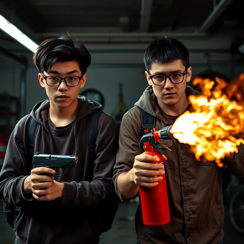 21-year-old white thin long-faced young northern Chinese man with a square chin, wearing square glasses, holding a pistol, "medium/long length hair"; 21-year-old white Italian man wearing round glasses and short hair holding a very large fire extinguisher flamethrower; garage setting; both angry.