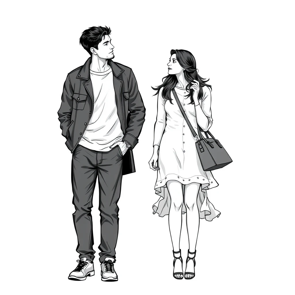 couple, daily, lifetime, full length, young, play, lineart, handbag, frill, fashion