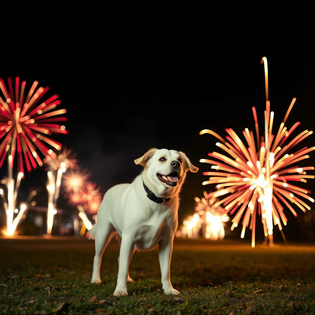 a white dog with fireworks