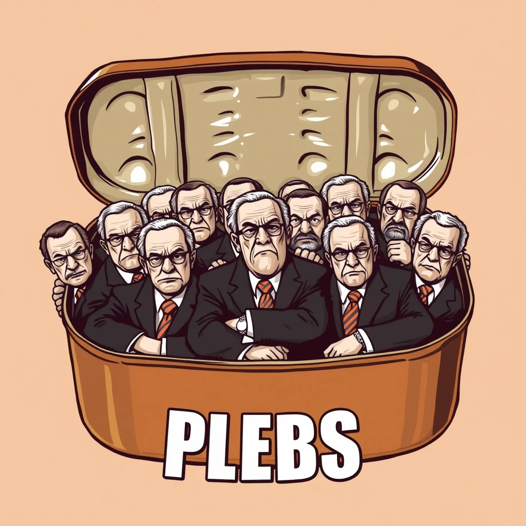 A playful tee shirt design of an open sardine can full of live rich old dudes packed shoulder to shoulder in business suits with scowls on their faces with the text "PLEBS" underneath as a tee shirt design.