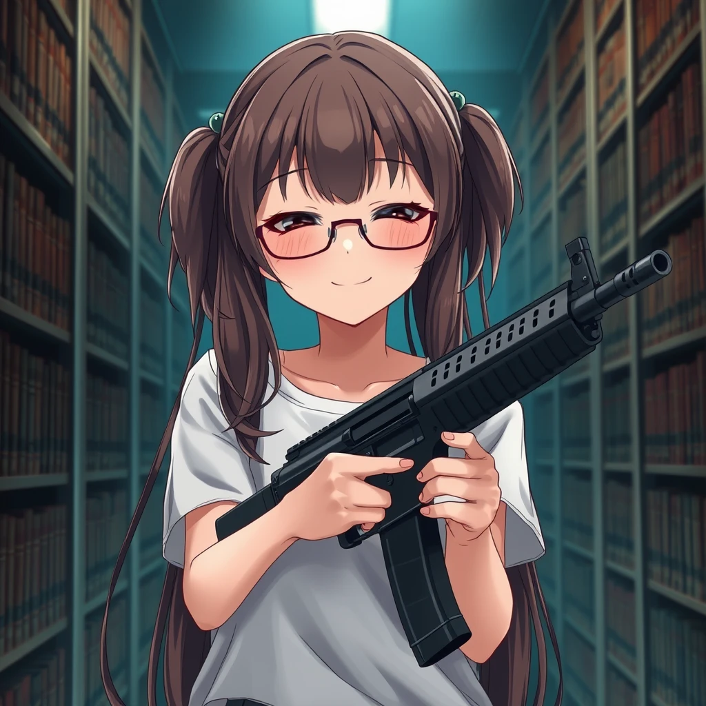 1 girl, anime girl holding an AK-47 gun, solo, long hair, expressive eyes, dark eyeshadow, detailed skin, detailed face, perfect face, closed eyes, twintails, smile, brown hair, glasses, casual clothes, library, illustration, perfect composition, dramatic lighting, film grain, highly dramatic background, cinematic film still, very aesthetic, (intricate details, (incredibly detailed), high detail, ultra-detailed), (hyperdetailed), (soft focus:1.1), absurd resolution, (high-resolution textures), (4k), (masterpiece, best quality)