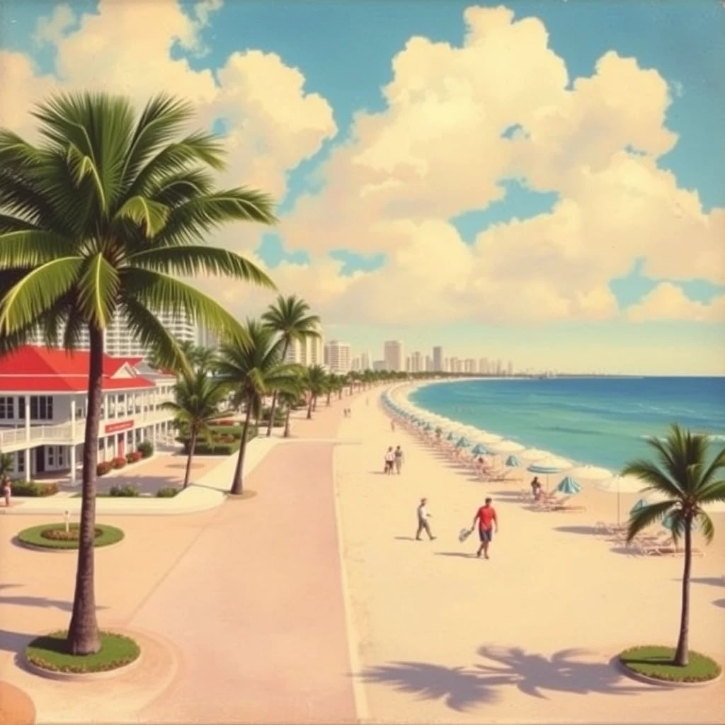 A Miami Beach postcard from 1956, as painted by Arthur Sarnoff, wide, landscape view. - Image