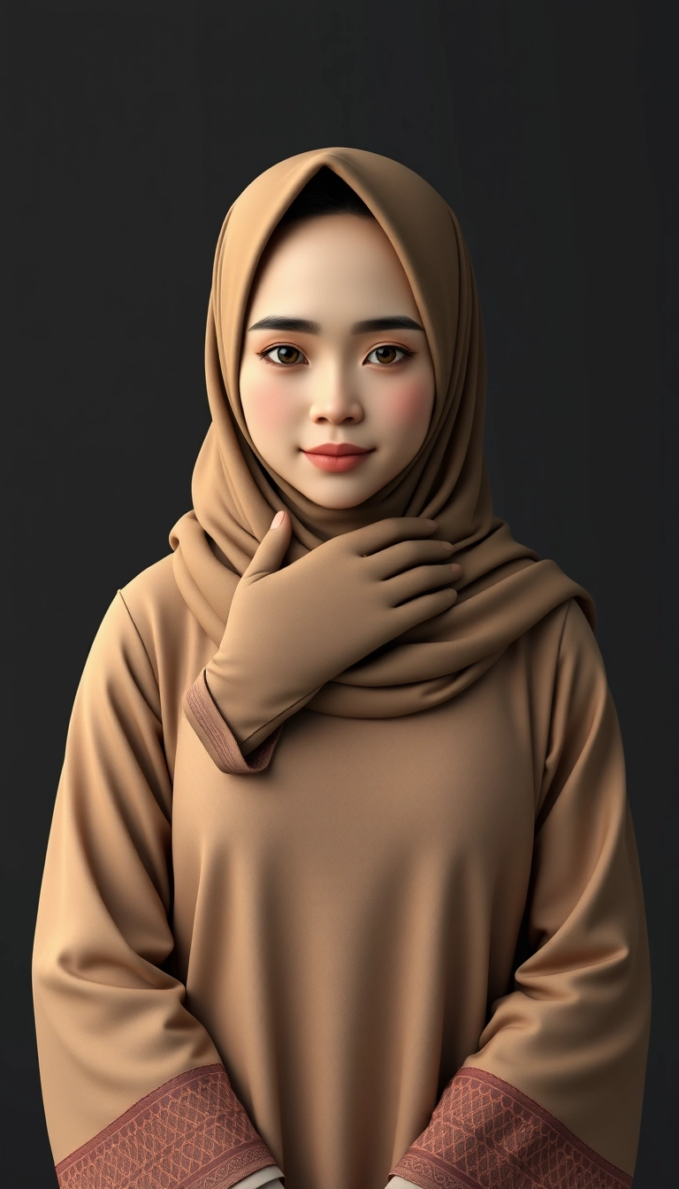 A 3D, 8k depiction of a Muslim woman from Palembang, wearing a traditional long songket and a long gown (gamis). She is adorned with a hijab that covers her chest and wears batik gloves covering her hands.