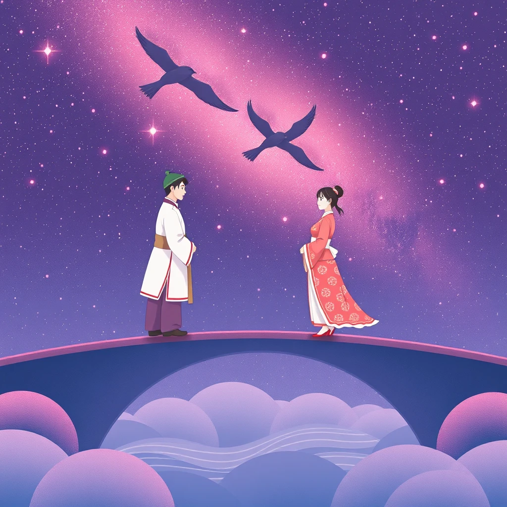 The scene depicts the romantic reunion of the Cowherd and Weaver Girl on the Magpie Bridge. They are dressed in traditional Chinese clothing, standing on opposite sides of the Milky Way and meeting on the bridge. The background features a deep night sky adorned with stars. The entire image uses soft pinks, purples, and blues to create a romantic atmosphere. The overall style reflects traditional Chinese aesthetics. - Image