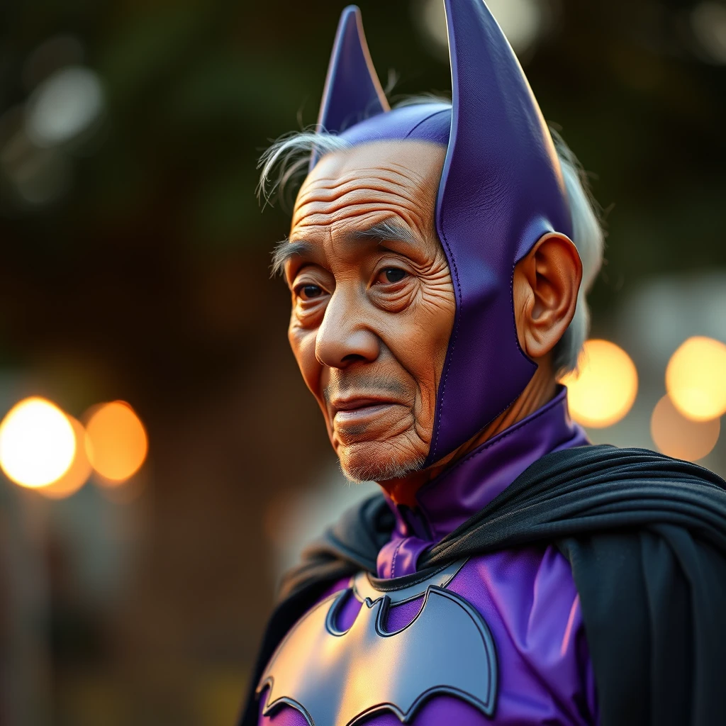 An old Malay man wearing a purple Batman suit, intricate details, bokeh, golden hour.