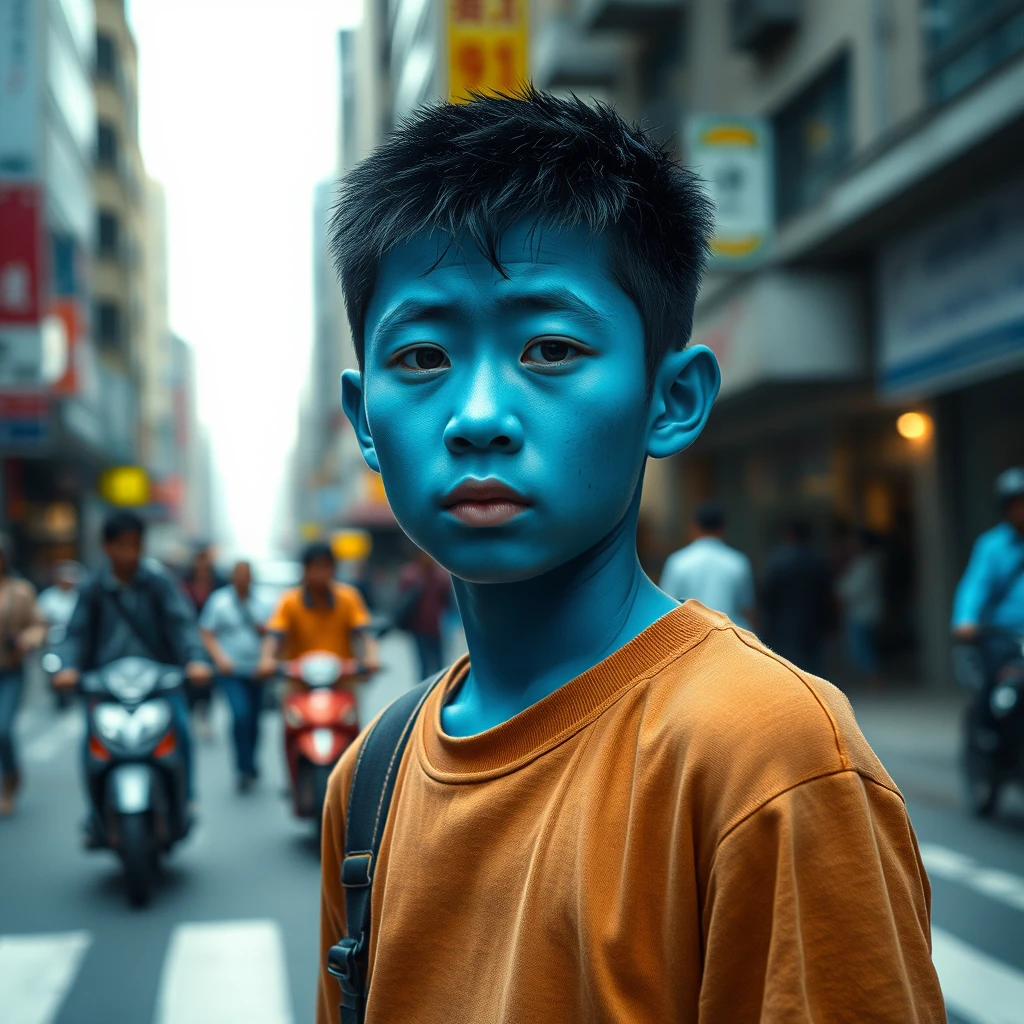 An Asian boy has blue skin; he walks down a busy city street. No one noticed him. Sad emotion, photorealistic, 8K. - Image