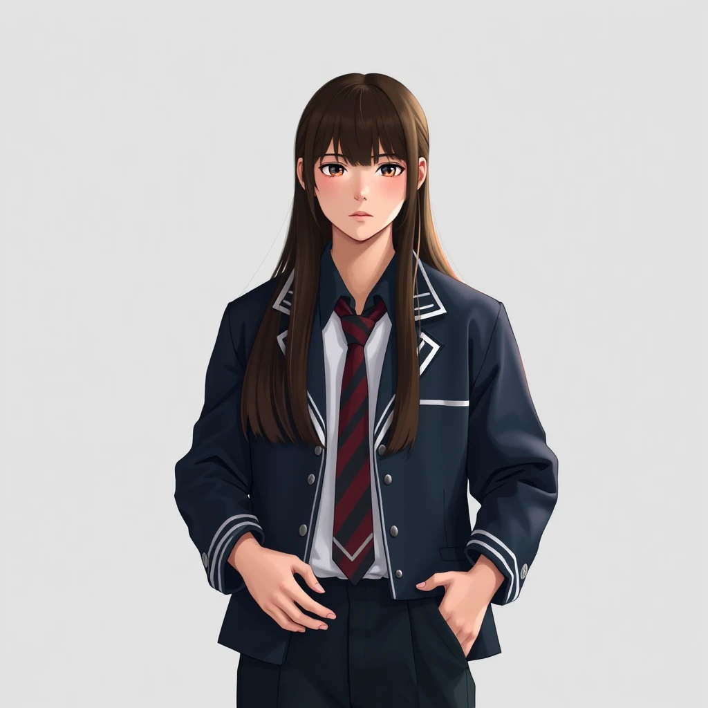 JK uniform , student , long hair , real person, whole body
