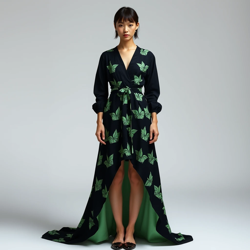 A Japanese model in a black and green, cotton, V-neck, high-low dress, low in the front with a train, featuring long sleeves and an Origami pattern, shot in the studio, studio shot, high fashion photography, in a photograph by Alasdair Mclellan.