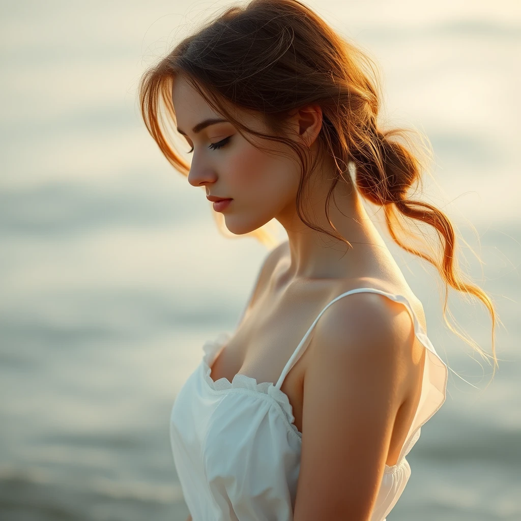 A serene, blissful scene of a young woman in a white dress. - Image