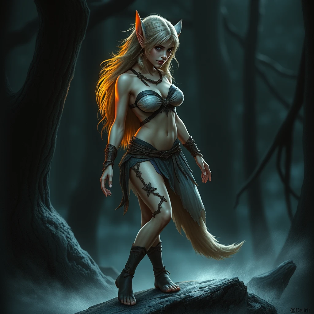 Full body shot of a female elf turning into a werewolf.