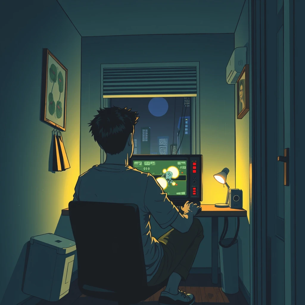 In a small room at night, a young man is sitting with his back to the camera, facing the computer, and playing a game in a cyberpunk comic style. - Image