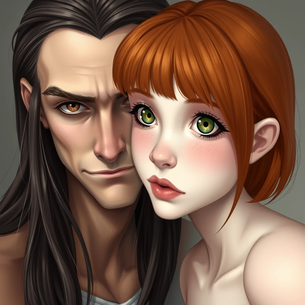 skinny guy, long dark brown hair parted in the middle, sharp facial features, smirk, pale skin, light brown eyes, thick eyebrows, long eyelashes next to a white cute ginger girl, small nose, pink lips, green eyes, long bangs hair, realistic style - Image