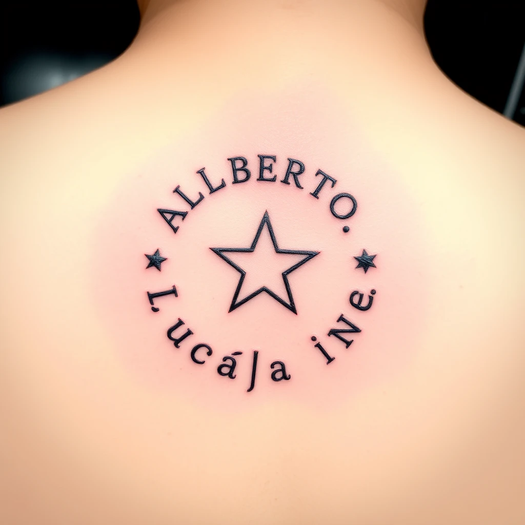 A fine line tattoo, with my kids’ names making a circle. My kids’ names are ALBERTO, LUCÍA and INÉS. The names must be separated by a five-point star.