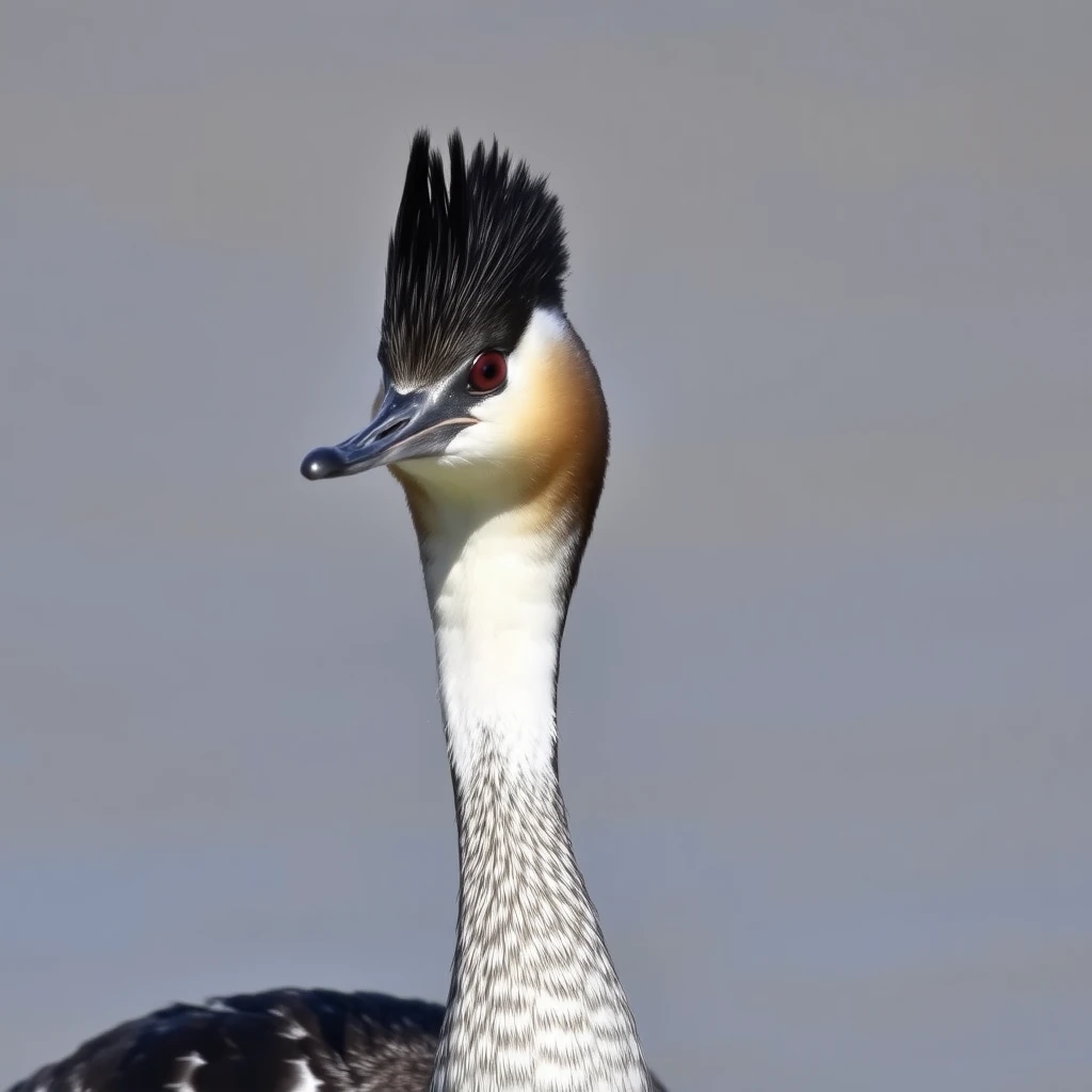 A great crested grebe (Podiceps cristatus). The crest feathers are black.