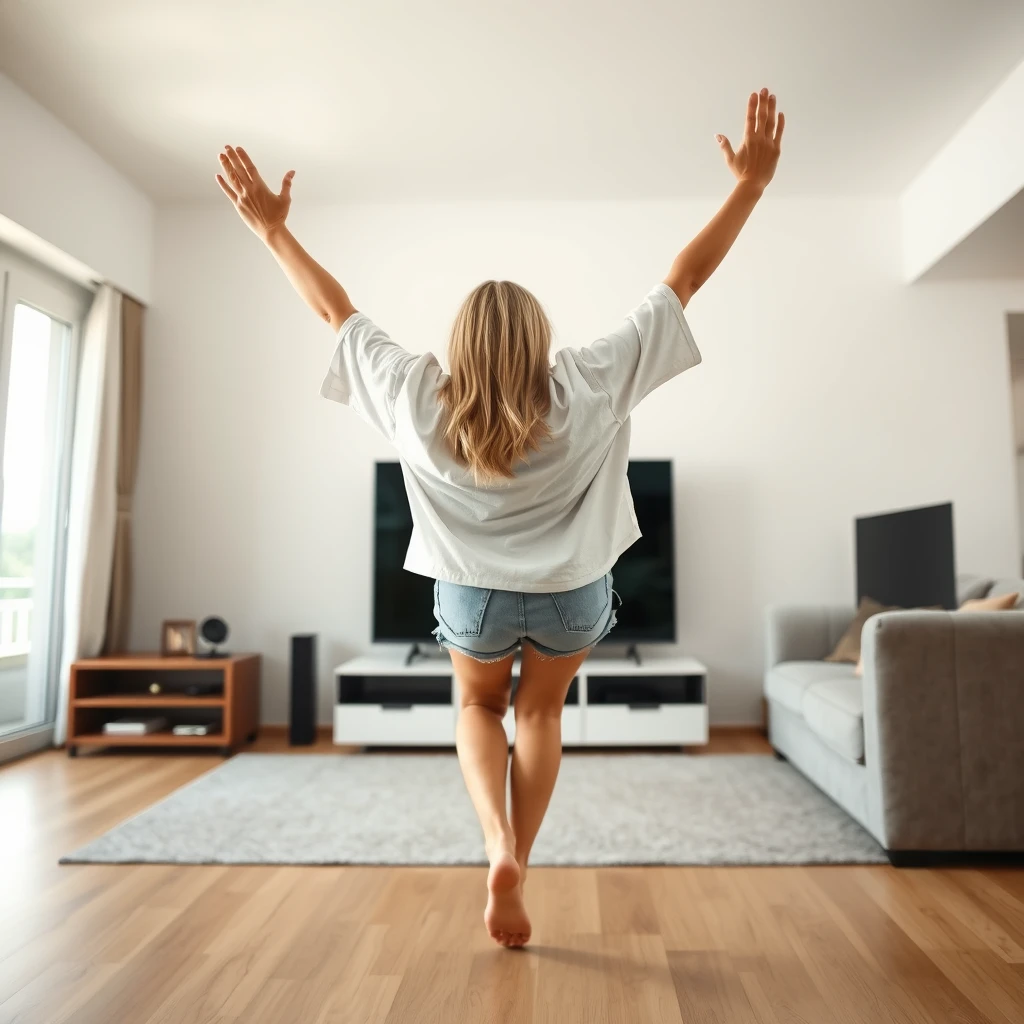 Side view angle of a slim blonde woman in her large living room, wearing a massively oversized white t-shirt that is very unbalanced on one of the shoulders, along with oversized light blue denim shorts. She is barefoot and facing her TV, diving headfirst into it with both arms raised below her head and her legs high in the air, positioned at a 60-degree angle, already halfway through the TV screen. - Image