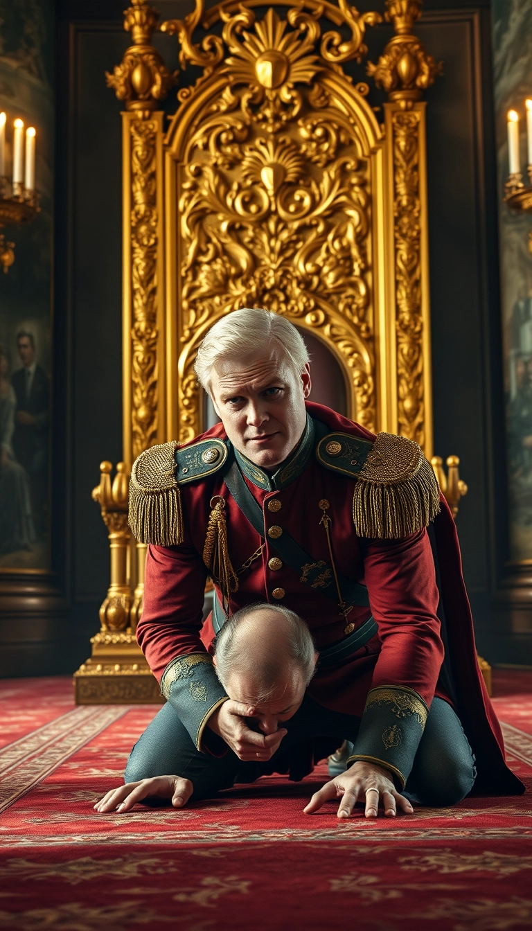 Main Character: A handsome and muscular blond British King with piercing blue eyes, dressed in a meticulously detailed British royal military uniform, is positioned on all fours, his head bowed low to the ground, trembling slightly. His posture conveys a sense of defeat and desperation.

Background: A colossal golden throne, intricately carved with ornate details and shimmering under the soft glow of candlelight, dominates the scene. The throne room is vast and opulent, with towering marble pillars and rich tapestries adorning the walls. A sense of history and power permeates the atmosphere.

Visual Style: The scene should be captured in a professional, cinematic style, reminiscent of historical dramas like "The King's Speech" or "The Crown." The lighting should be dramatic and moody, casting long shadows that emphasize the King's vulnerability and the imposing presence of the throne. The color palette should be rich and regal, with deep reds, golds, and blues dominating the scene. The overall composition should create a sense of tension and drama, highlighting the King's internal struggle and the weight of his responsibilities. The image should be sharp and detailed, showcasing the textures of the King's uniform, the intricate carvings on the throne, and the opulent surroundings. - Image