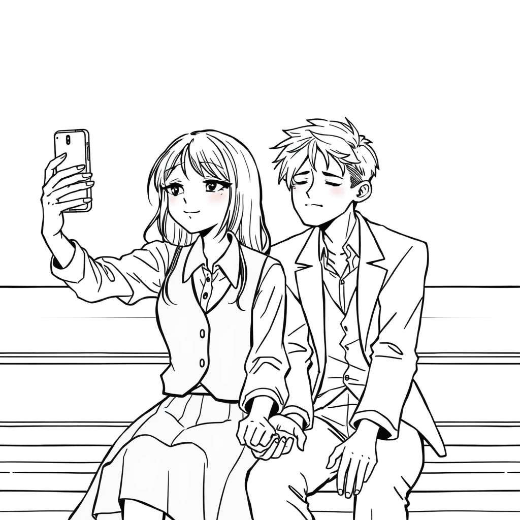 A girl in a shirt and vest and a skirt took a selfie with her phone. A boy leaned on her shoulder; he is tall and handsome, wearing an open suit. He closed his eyes and is sleeping. They sat on a bench with their hands shaking. Line art.