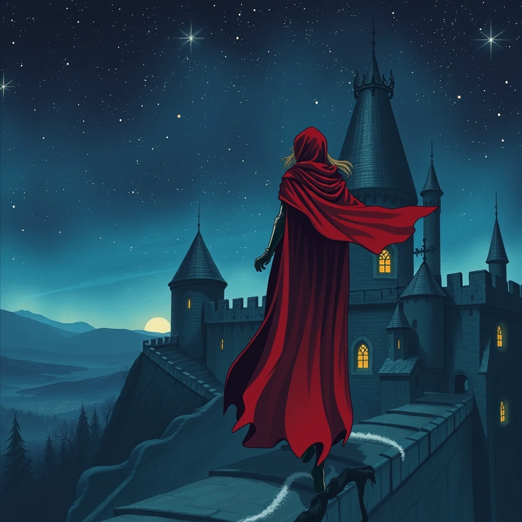 "Photo: Fantasy heroine with red cloak at night on a castle rampart, starry sky." - Image