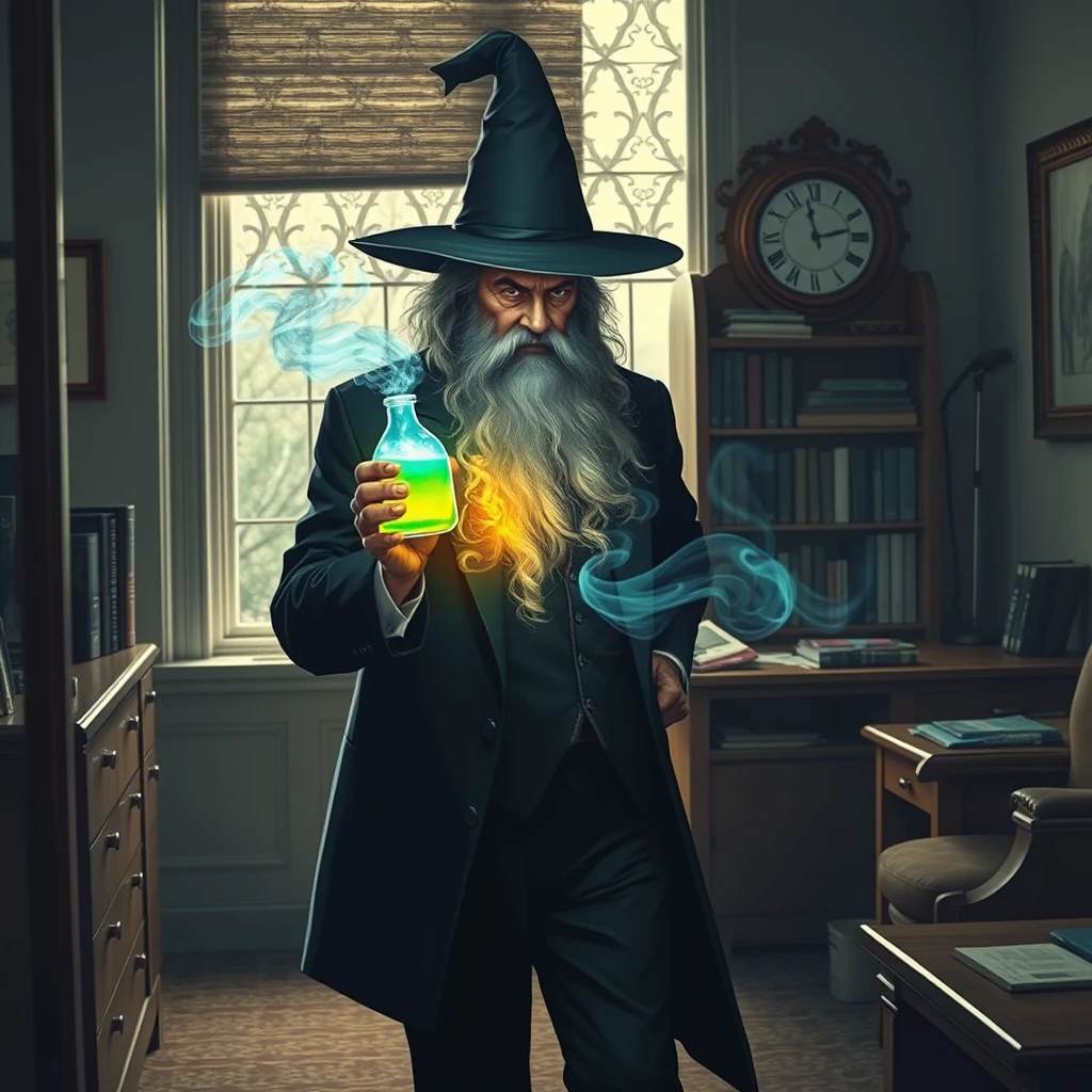 Gandalf in a suit walks into a modest office and brews a potion that glows FCFA2S. - Image