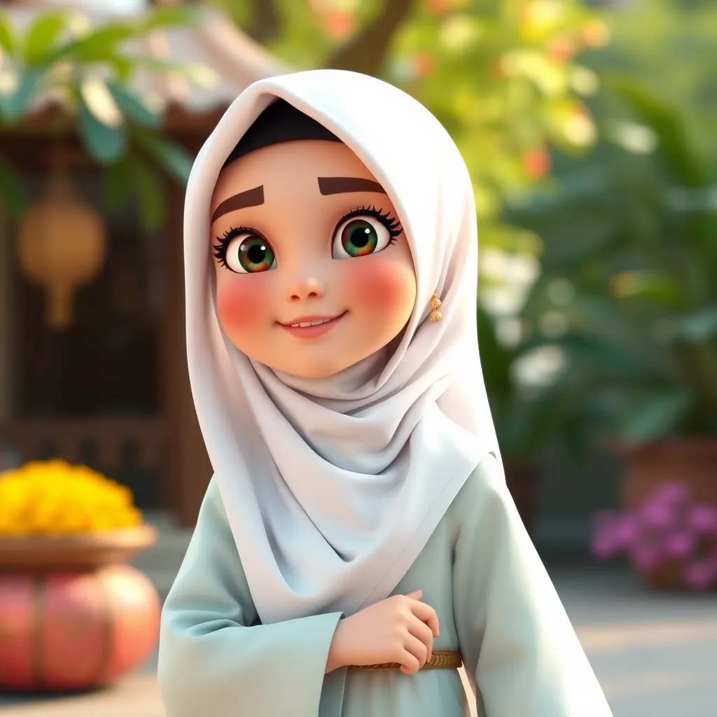 "Create a 3D animated cartoon of a Muslim woman from Palembang wearing a long white gamis. The character should be highly detailed with 8K resolution. Focus on traditional Palembang features and cultural elements." - Image