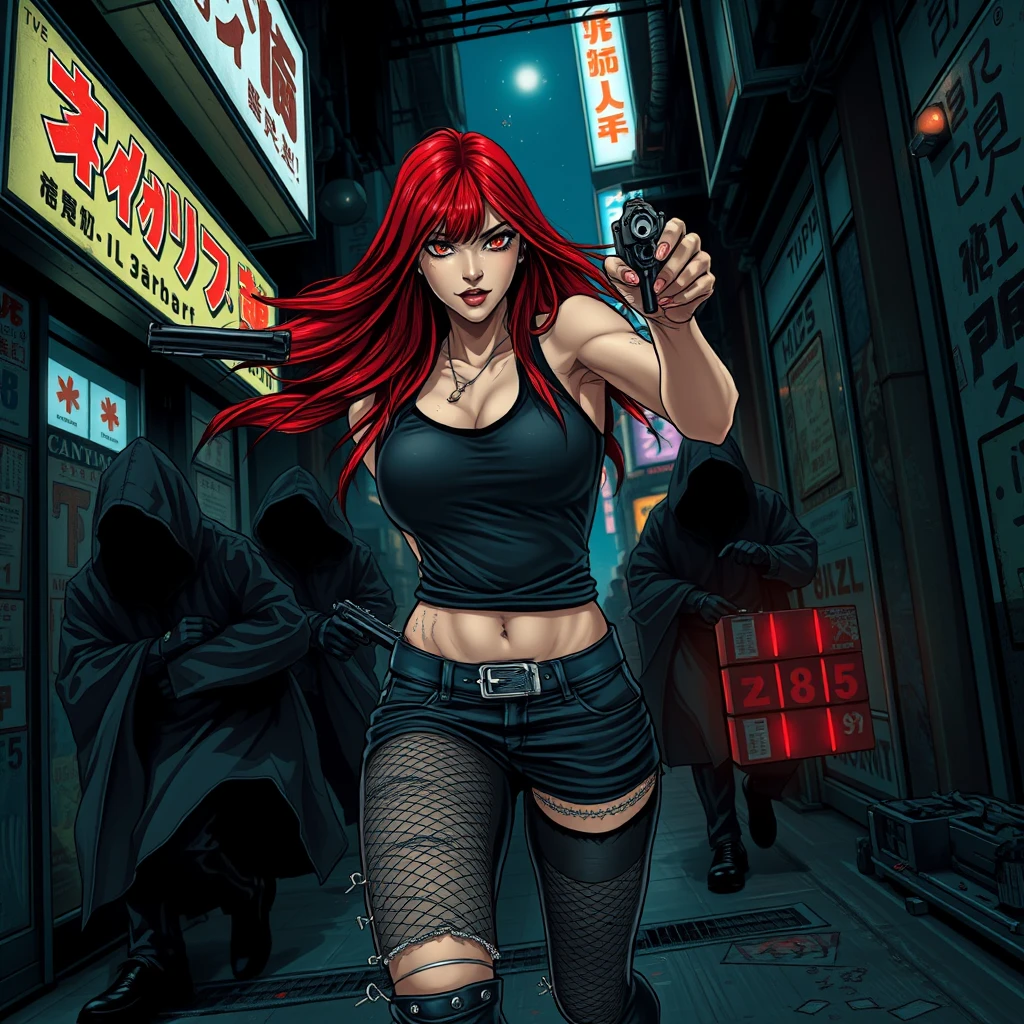 Sexy alluring cyberpunk Japanese female with long straight red hair, sprinting desperately down a dark dystopian urban alleyway being chased by cyberpunk assassins in hooded cloaks, holding a revolver pistol in her right hand, ripped jeans, ripped fishnet leggings, pistol pointing upwards, bokeh, depth of field, cybernetic implants, grunge graffiti art style, Japanese shop signs, neon lights with realistic lighting, dark and gloomy, comic book art style with rough lines, realistic lighting, realistic reflections, high quality, 8k, concept art, close up over the shoulder camera shot, realistic hands. - Image