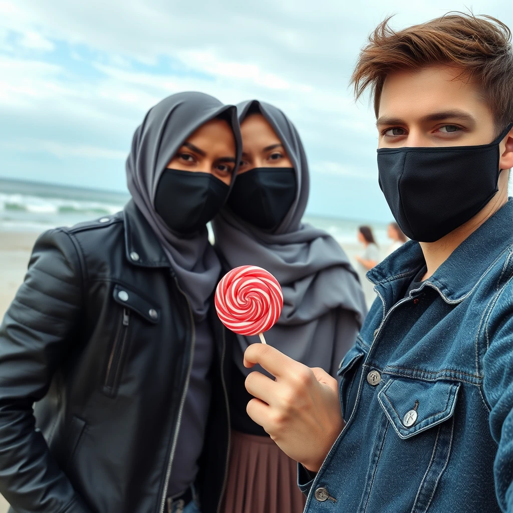 Jamie Dornan's head and body shot, handsome, face mask black, jeans jacket, jeans, dating, love couple with the biggest grey hijab Muslim girl, beautiful eyes, face mask black, black leather jacket, biggest skirt, at the beach, holding a lollipop, hyper-realistic, street photography, selfie.