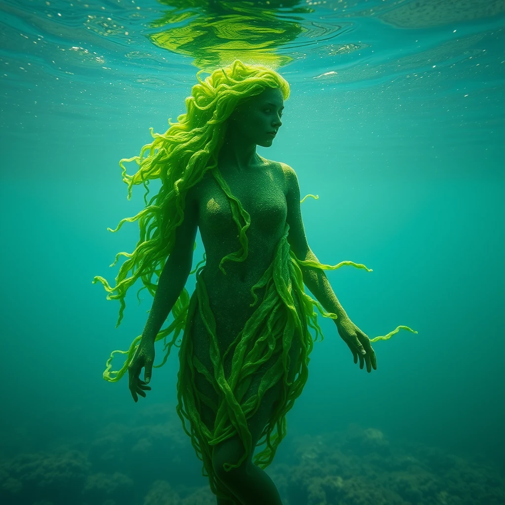 realistic green seaweed in the shape of a human woman - Image