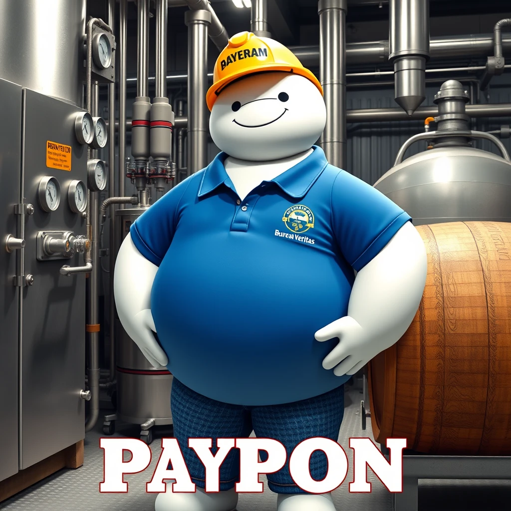 Baymax in a beer bottling facility surrounded by machinery, a barrel, gauges, dressed in a blue polo uniform, the logo of the international company Bureau Veritas, blue jeans, and wearing a yellow helmet with the word POPON written on it, and below in the photo the caption in beautiful letters.