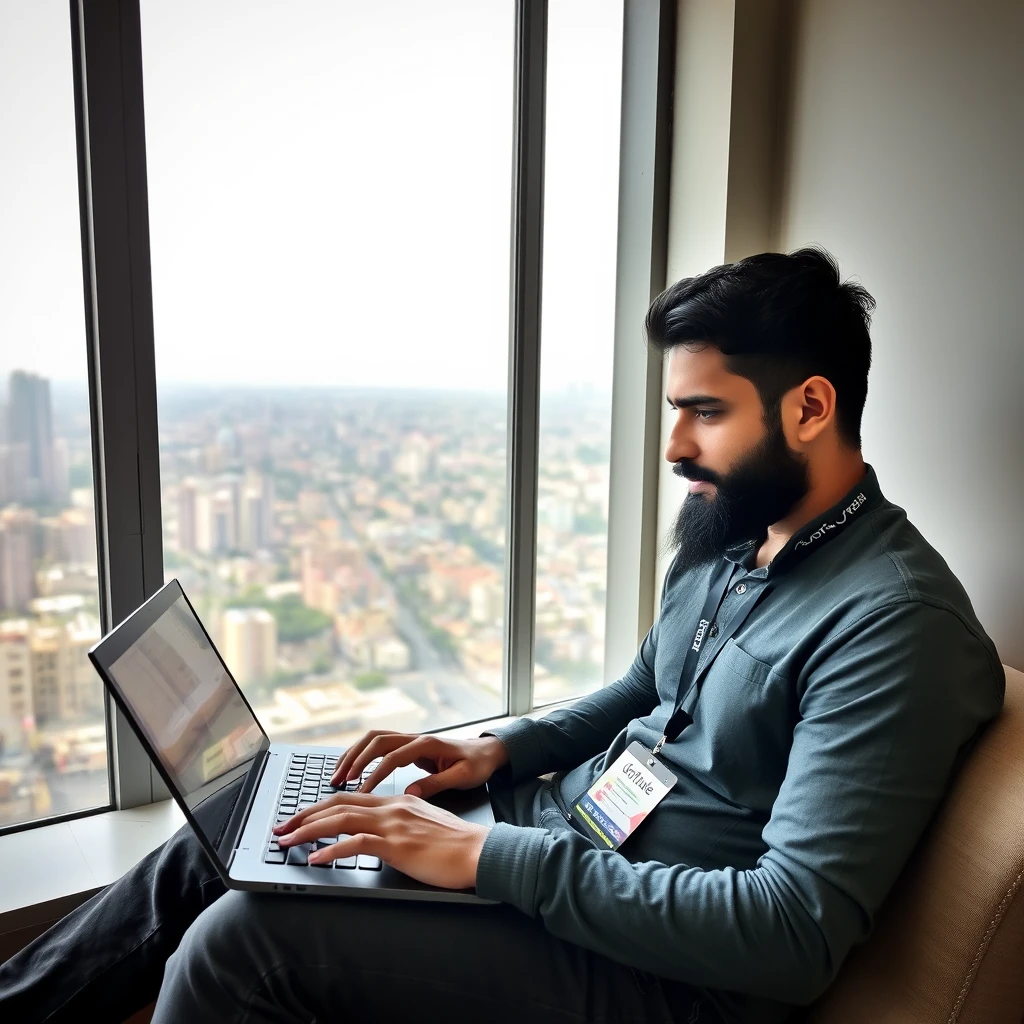 A bearded young man is coding on an HP laptop while sitting on the 14th floor, where his window shows the entire city of Indore. He has a badge from his company around his neck. The company's name is "Softude." - Image