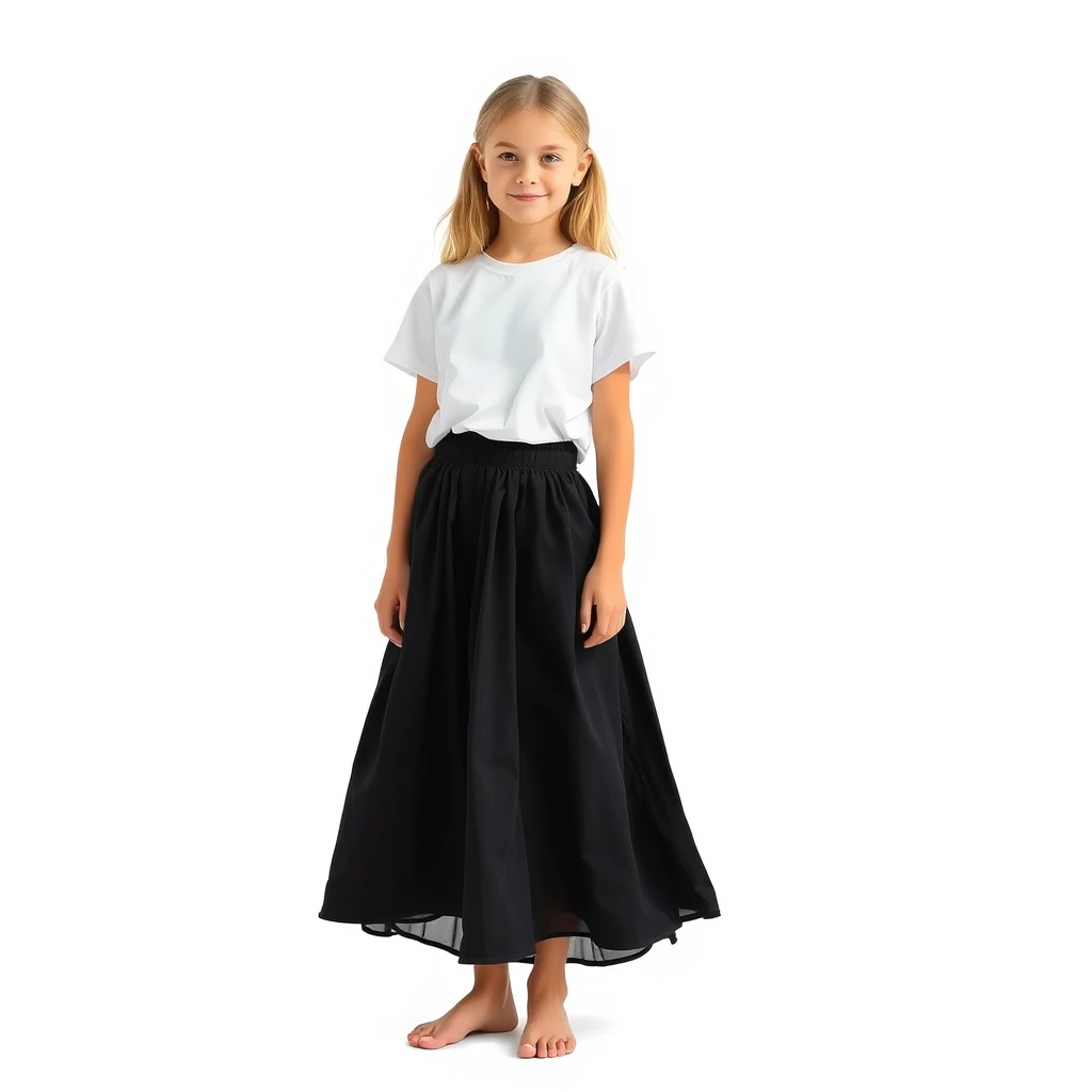 Create a photo: A 16-year-old teenage girl is wearing a wide black skirt and a white t-shirt and is barefoot. She is fully visible and looking at the viewer. The background is white.