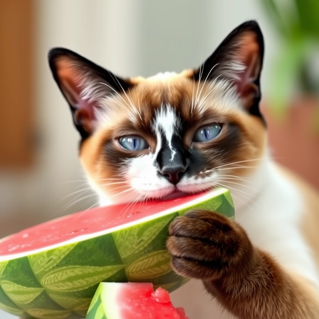 A Siamese cat is happily eating watermelon.