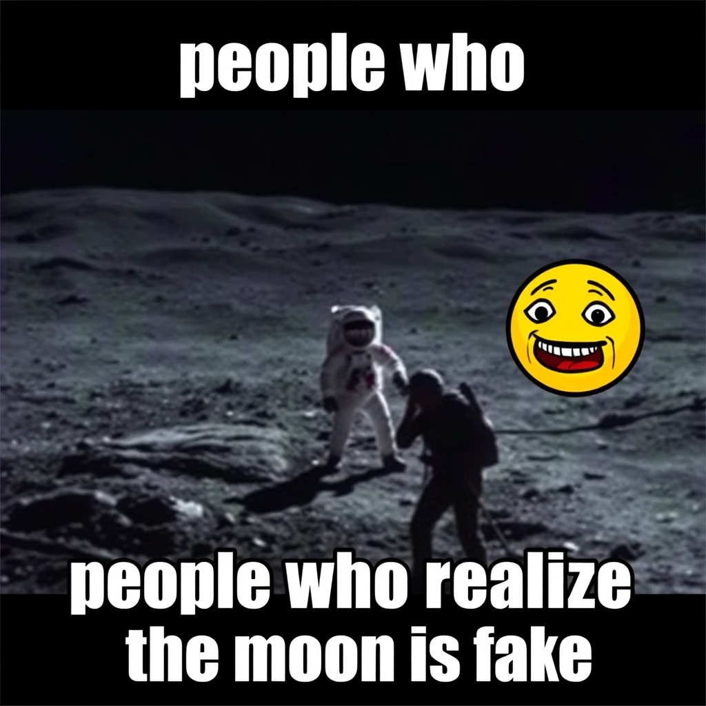 A funny meme of moon landing footage made to look really fake with the text "people who realize the moon is fake" with a chad face on it.