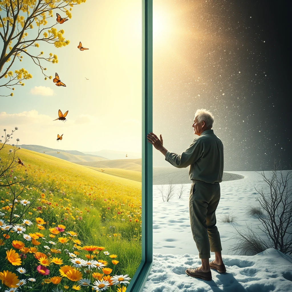 Background and Separation:  
A huge transparent glass divides the scene into two parts.  

Left Part (Bright World):  
Colors: Dominated by green, yellow, and gold, creating a vibrant spring atmosphere.  
Elements: A lush meadow filled with blooming flowers, colorful butterflies and bees fluttering about. In the distance, rolling hills merge into a light blue sky, with a few white clouds leisurely drifting. The golden sunlight bathes the earth.  

Right Part (Dark World):  
Colors: Primarily gray and white, creating a cold and dim winter atmosphere.  
Elements: A depiction of a snow-covered wasteland, with snowflakes dancing in the air and the ground blanketed in thick snow. A frail middle-aged man stands in the dark world on the right, facing the bright world. His clothing is thin, and he appears weak, his arms pounding against the glass in the middle. He gazes longingly at the sunlight across from him, revealing a yearning for brightness and a sense of despair.  

Details and Atmosphere:  
Light and Shadow Contrast: Strengthening the contrast of light and shadow between the two worlds to make the scene more vivid and powerful.  
Atmospheric Creation: Through the combined use of color, light and shadow, and elements, creating a striking visual effect that allows the audience to feel the persistence of humanity's pursuit of beauty and the helplessness and sorrow faced in adversity. - Image