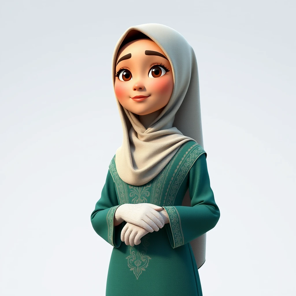 A 3D, 8k animated cartoon depiction of a Muslim woman from Palembang, wearing a traditional long songket and a long gown (gamis). She is adorned with a hijab that covers her chest and wears batik gloves covering her hands. - Image