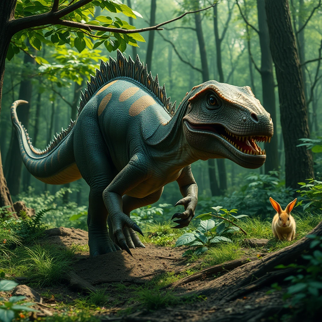 A hyper-realistic, battle-worn dinosaur with patches of prismatic scales roaming a lush forest, tracking a cute yellow bunny.