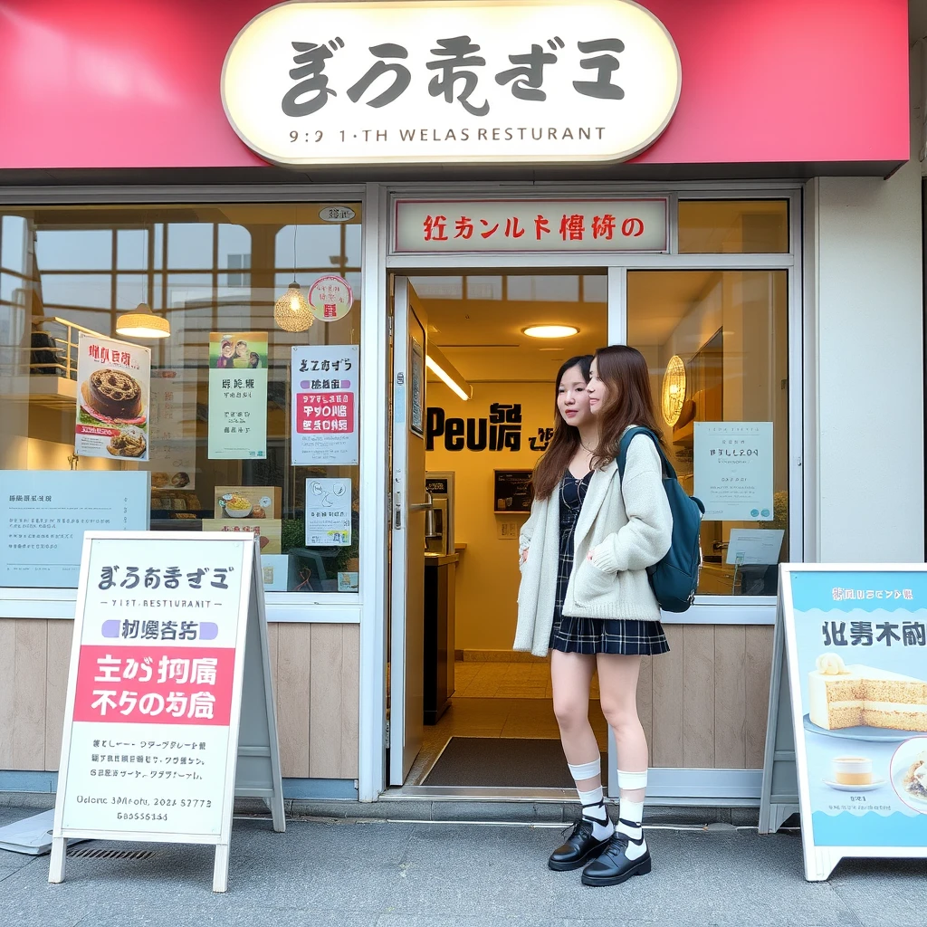 Two young women are chatting outside a cake shop. Their features are distinct, and their socks are visible. There is a sign outside the restaurant, and the words on the sign are clearly legible in Japanese.