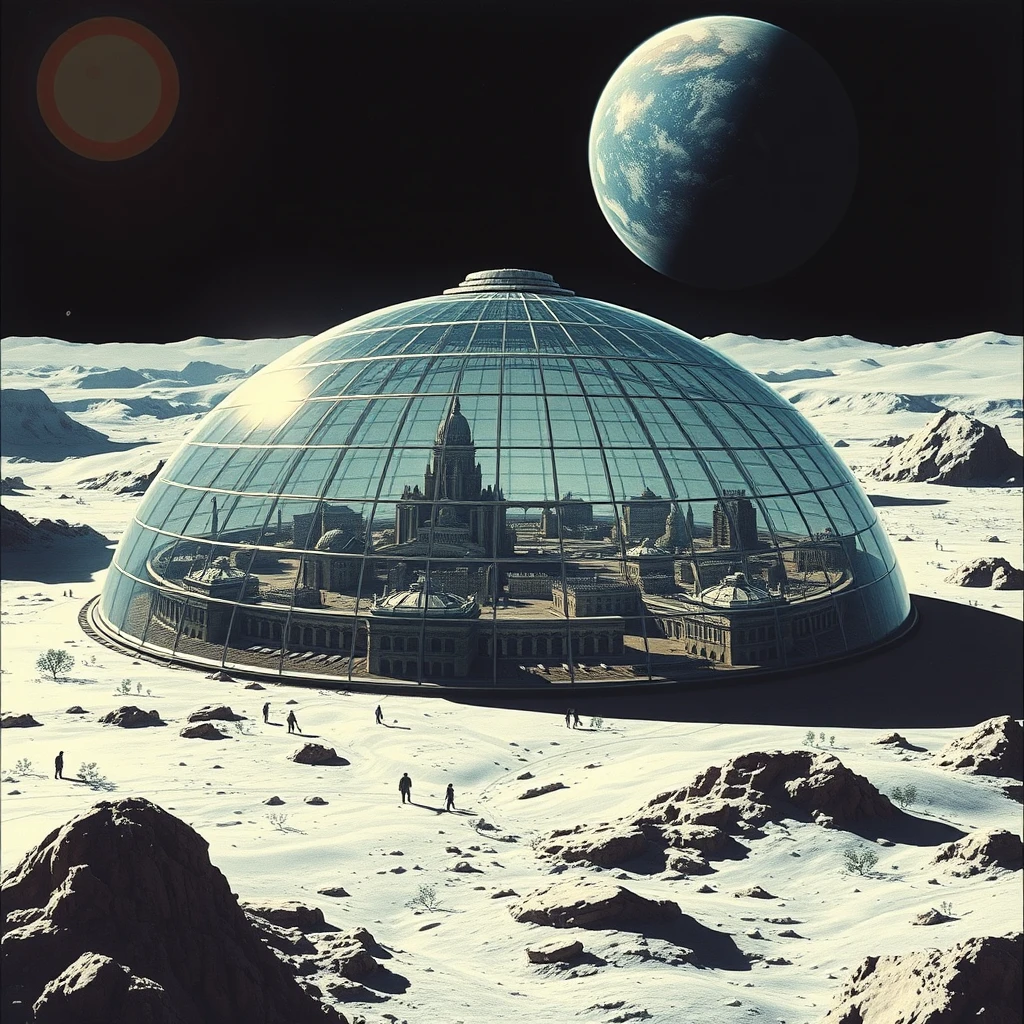 An ultra-futuristic city covered by a 90km diameter, shallow-arc, geodesic glass dome, on the moon, as painted by Syd Mead, with Earth in the background. - Image