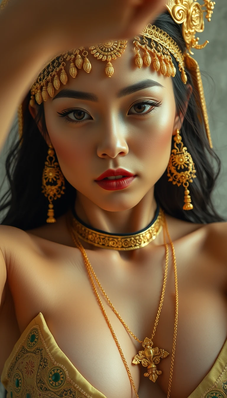 Selfie of a super muscular close-up lower body view of Latin Japanese women wearing gold ornaments and clothing.