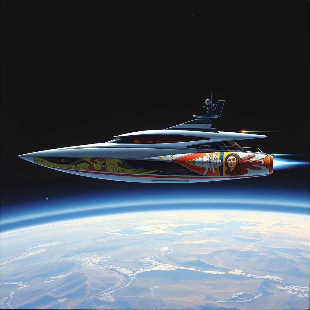 'a space-yacht concept, in low earth orbit, a painting by Syd Mead, sleek, futuristic, a full length mural decorates the side.'