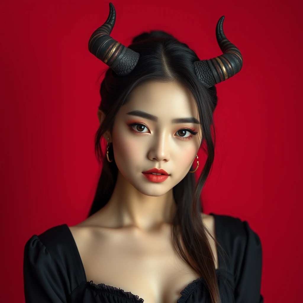 A beautiful Korean idol with horns and a beautiful face, in a black outfit in the style of James Jean, against a flat red background, with cinematic lighting, in a minimalistic design, with dark contrast.