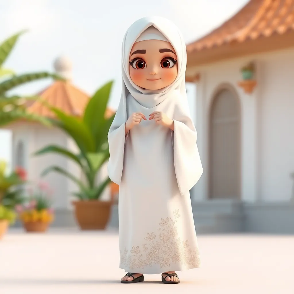 "Create a 3D animated cartoon of a Muslim woman from Palembang wearing a long white gamis. The character should be highly detailed with 8K resolution. Focus on traditional Palembang features and cultural elements."