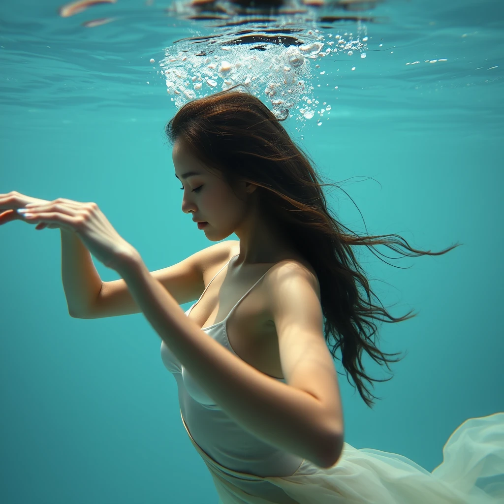 A symbolic photo: A young woman dancing underwater. Life and sensitivity. Perfection. Beauty. Attraction. Supple. Form. Curves. - Image