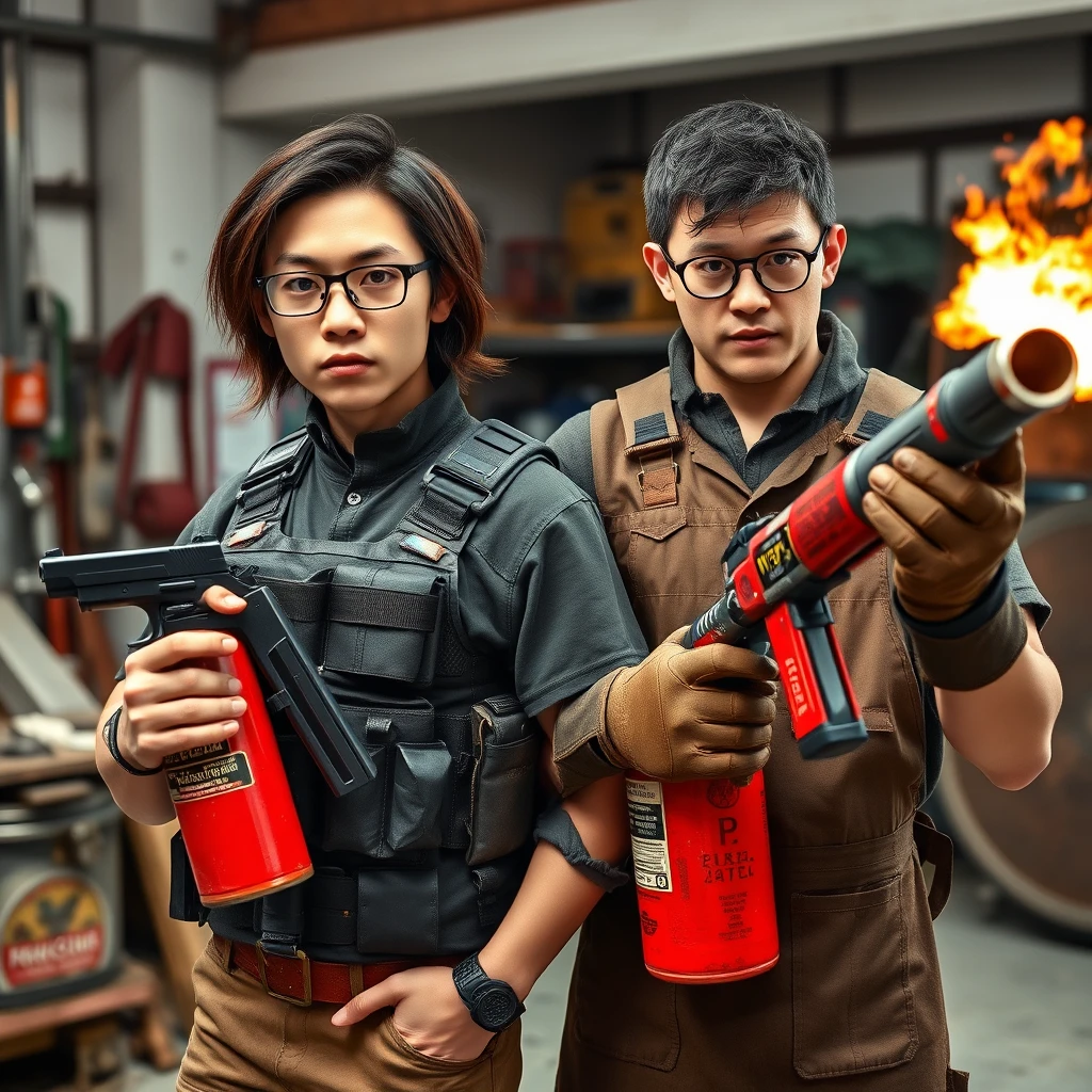 21-year-old white thin long-faced young adult northern Chinese man with a square chin, wearing square glasses, holding a pistol, "medium/long length hair," tactical chest rig; 21-year-old Caucasian Italian man wearing round glasses and short hair holding a very large fire extinguisher flamethrower, welding apron, and long leather gloves; garage setting; both angry. - Image